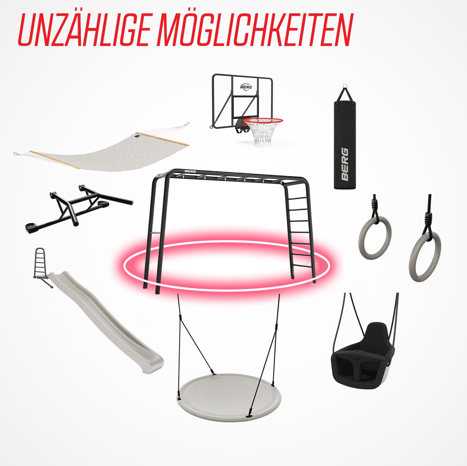 BERG PlayBase Large Spielplatz für Garten, Für die ganzen Familie, Klettergerüst für Garten, Fußballtor, Basketballtor, Klettergerüst, Fitness, Kletterwand, Alles in einem, Metall, Grün