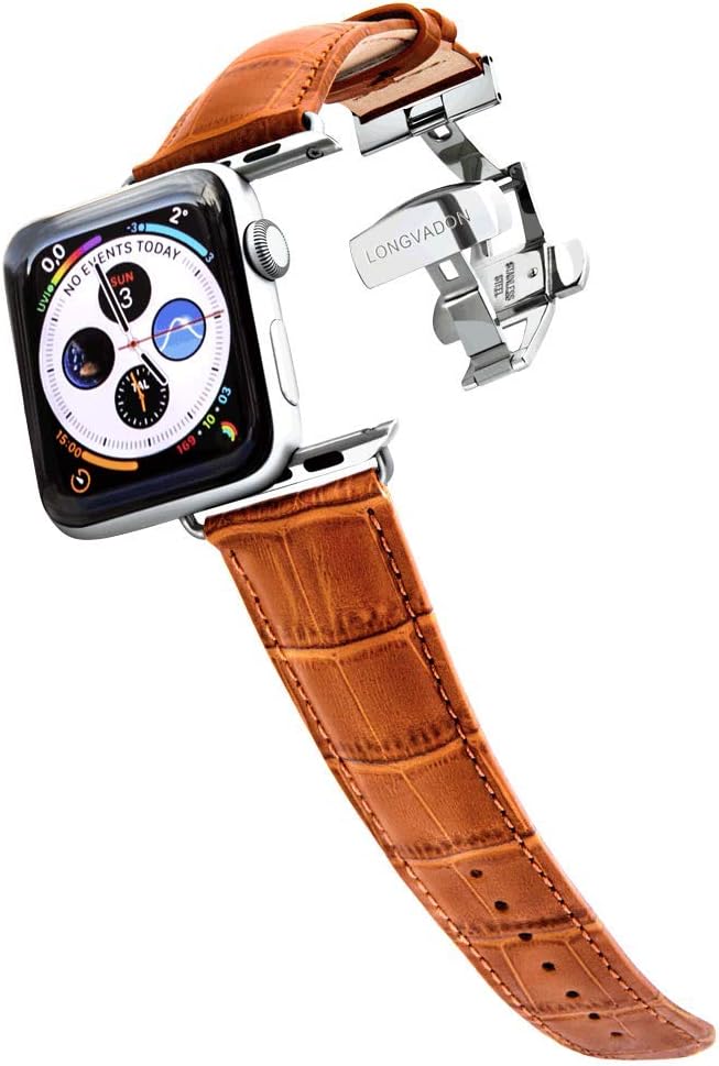 Longvadon Leather Watch Bands for Men - Compatible with Apple Watch Series 1-9 (42, 44 & 45MM) - Caiman Series - Whiskey Brown/Silver Details - XL Size