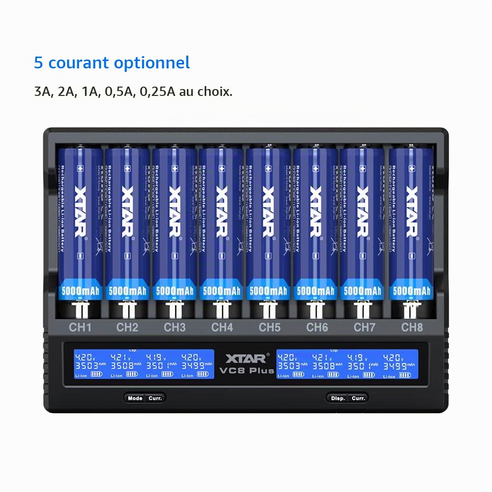 Chargeur de Batterie 18650 8 emplacements XTAR VC8 Plus 3 A Fast 21700 pour Batteries Liion 3,6 V et 1,2 V AA C avec Adaptateur Prise Britannique