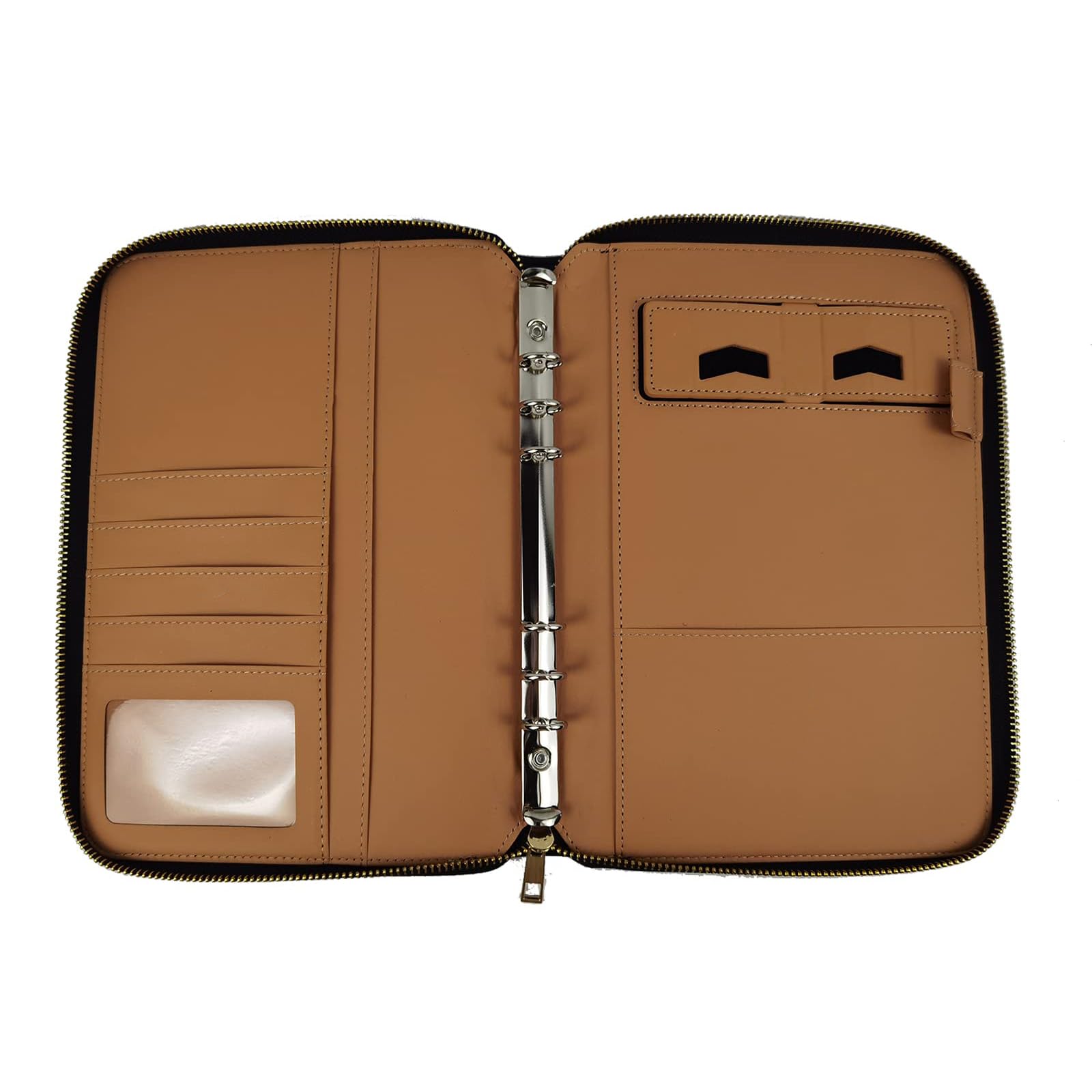 TERRIFI A5 Leather Binder Notebook Portfolio, Budget Planner with Zipper, PU Leather Cover with 6 Rings, Refillable Money and Document Organizer, Ideal for Business and Interviews (Black)