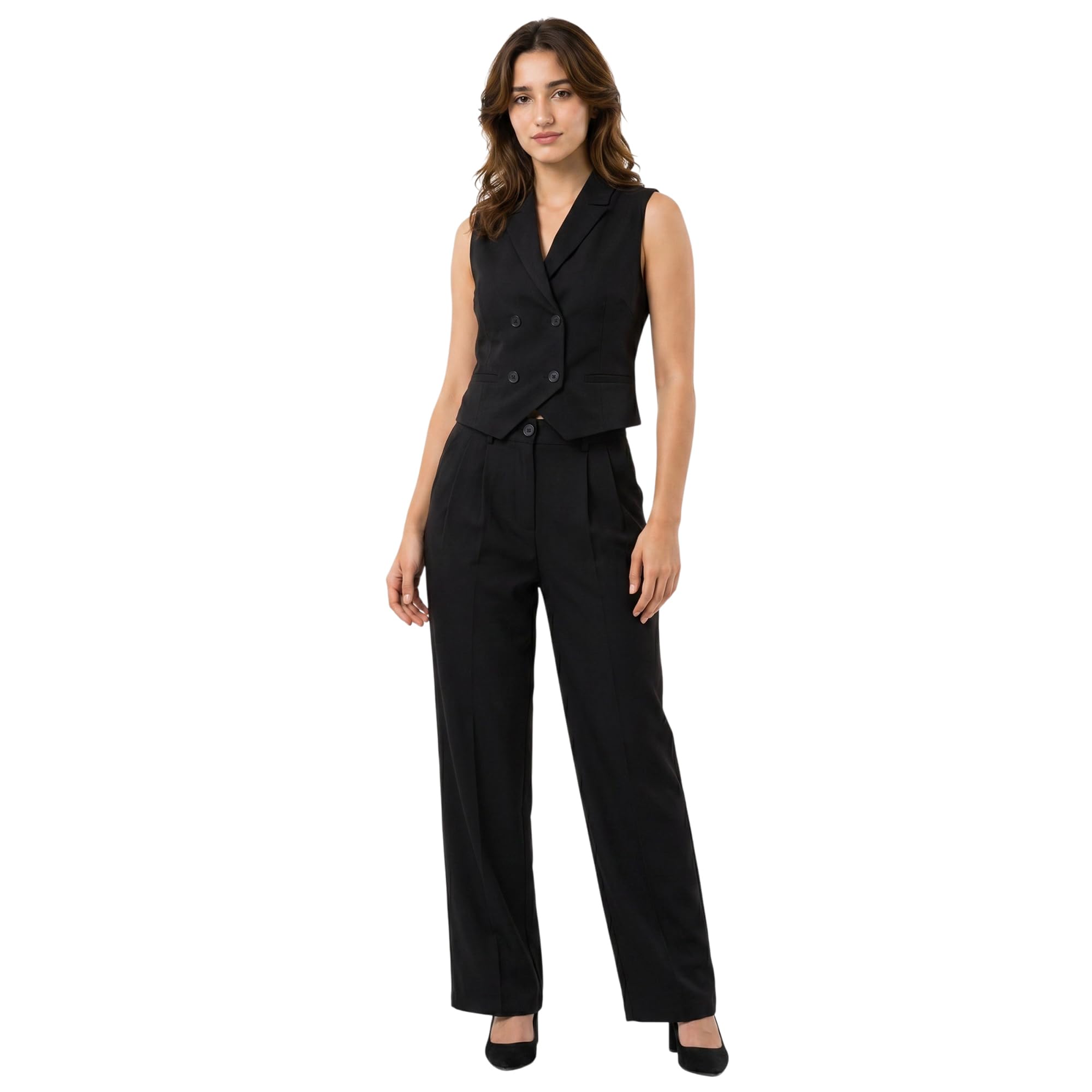 BossbellaWomen Black Double-Breasted Waistcoat with Trousers Co-Ord Set | Formal Office Wear Sleeveless Blazer Pant Suit for Women-picture-21