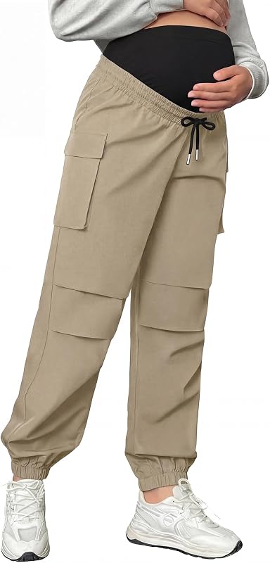 Cutecrop Womens Maternity Cargo Joggers Over The Belly Pregnancy Sweatpants Quick-Dry Causal Stretch Scrub Pants with Pockets