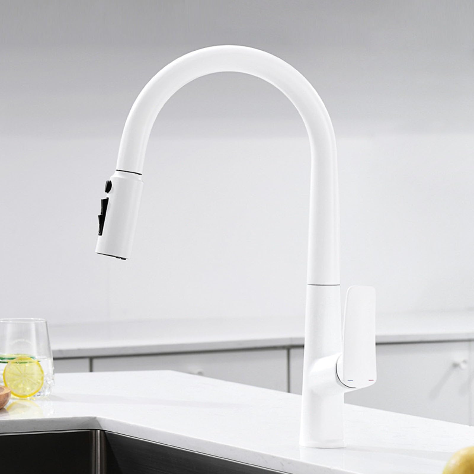 3 Way Kitchen Tap Pull Out Sink Taps Swivel 4 Mode Brass-White