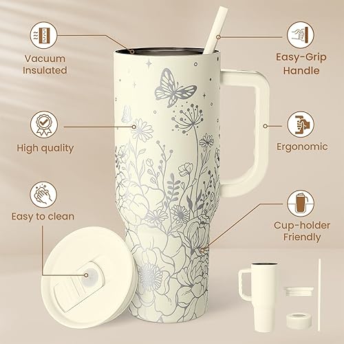 Miniatura 2 de SANDJEST Vaso floral con asa de 40 onzas, vasos aislados de acero inoxidable, taza de viaje para café con pajilla, taza de café de flores, regalos