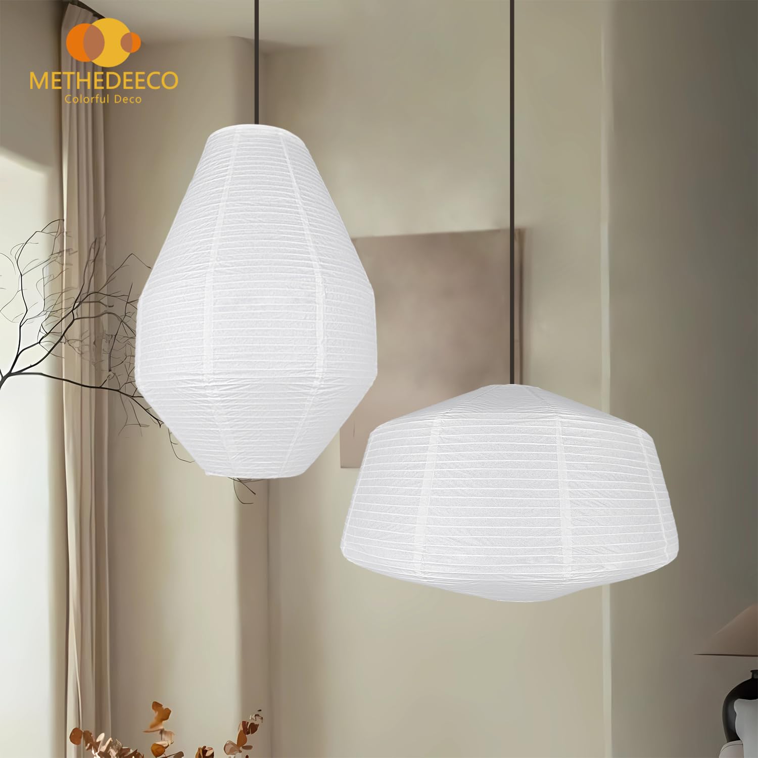 METHEDEECO 2PCS White Paper Lanterns – 19” & 14” Diamond Shape Hanging Pendant Lamp Shades, Large Handmade Rice Paper Light Shades for Living Room, Bedroom, Wedding, Gift Decor