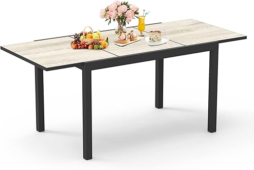 Domi - Mesa rectangular de metal para patio al aire libre con diseño expandible y mesa de aspecto de madera para porche, patio trasero, balcón y