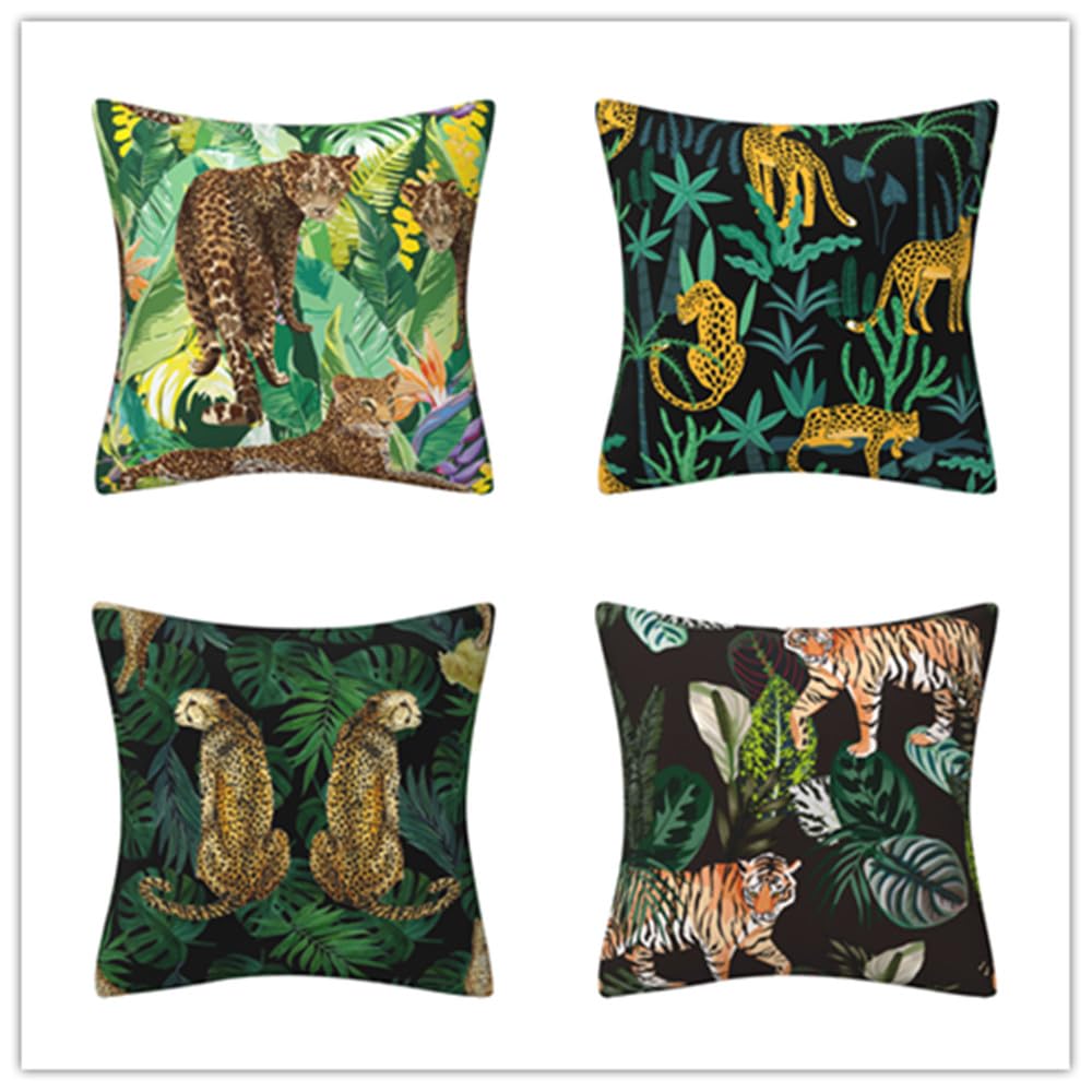 Cushion Covers Animal Green Yellow Cushions with Covers Included Cotton and Linen Pillow Cases Invisible Zipper Pillowcase Living Room Cushion Cover Bedroom Pillow Cases 4 Pack 40x40cm