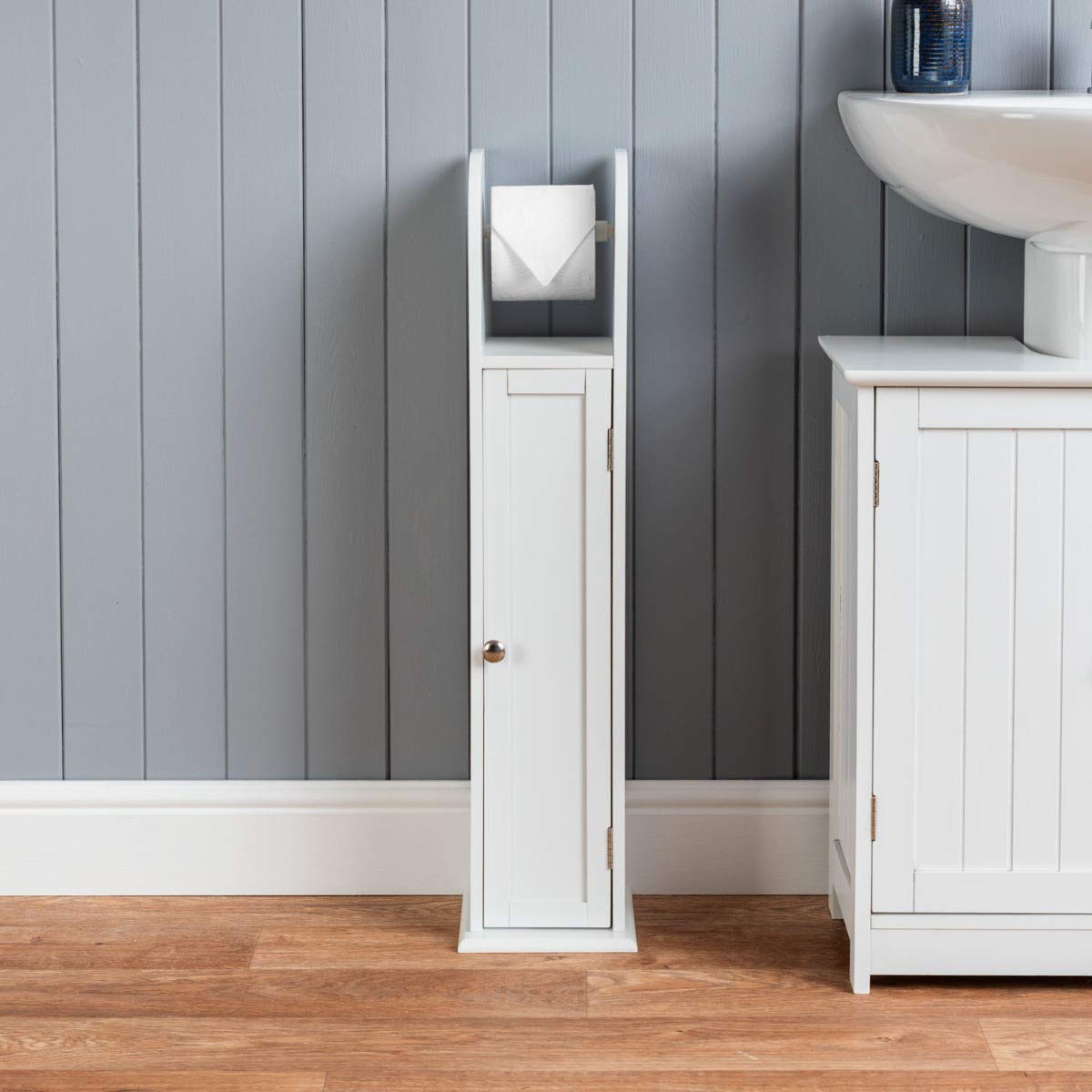 CHRISTOW Free Standing Toilet Roll Holder White Wooden Toilet