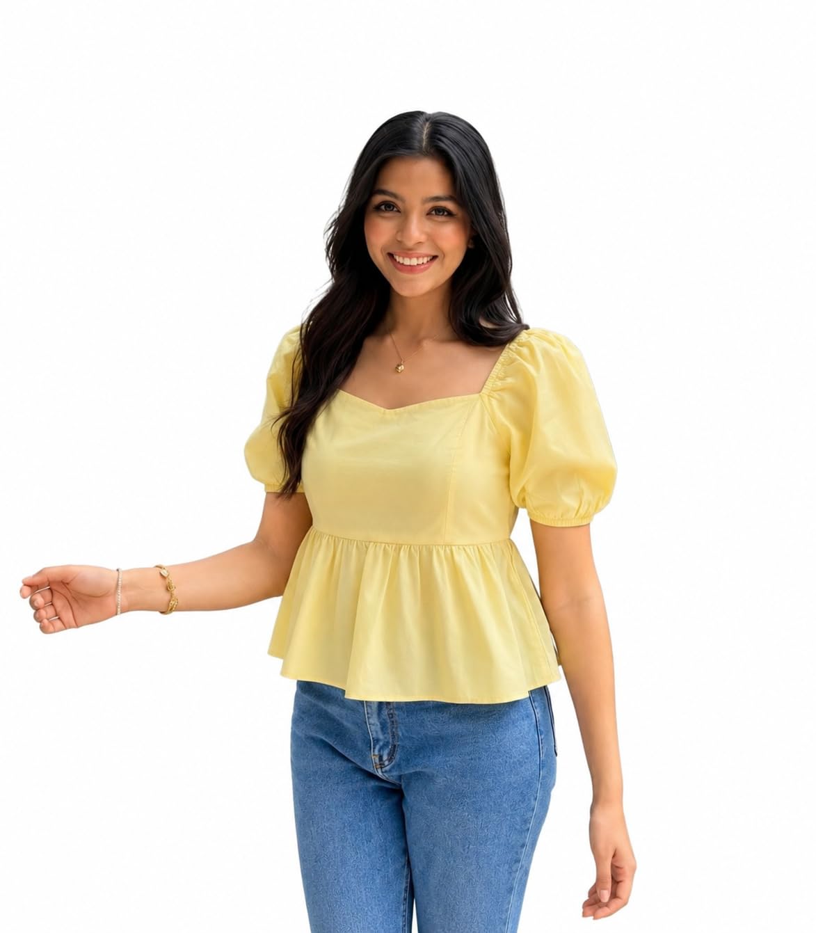 Women's Pure Cotton Yellow Peplum Top with Puff Sleeves-picture-27