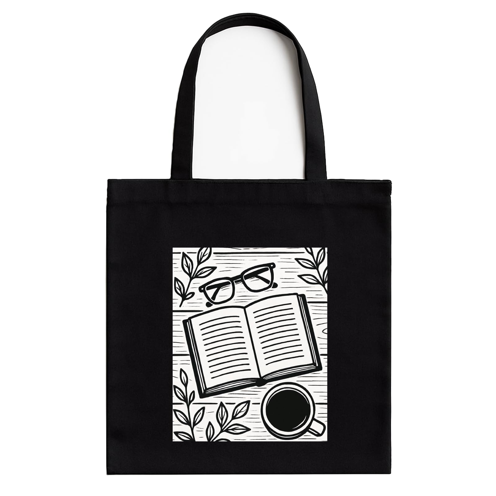 Black Cotton Tote Bag for Women & Men with Printed A4 Pocket | Books & Coffee Quote | Stylish Canvas Tote for College, Work, Gifting| Zipper, 100% Cotton,