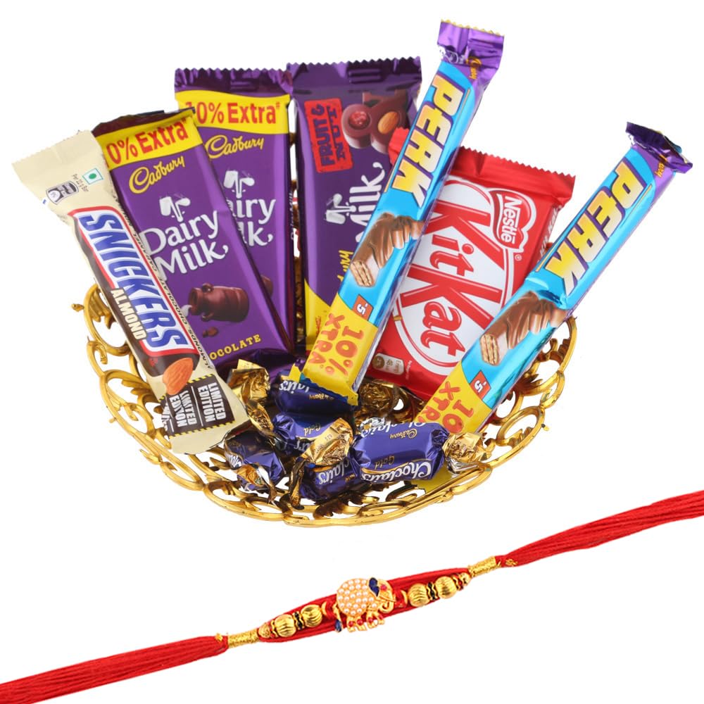 SFU E Com Chocolate Gift Collection To Give Best Wishes To Your Loved Ones For All Occasion | Premium Elephant Pearl Designer Rakhi With Chocolates | Roli, Chawal, Chandan, Misri | 058