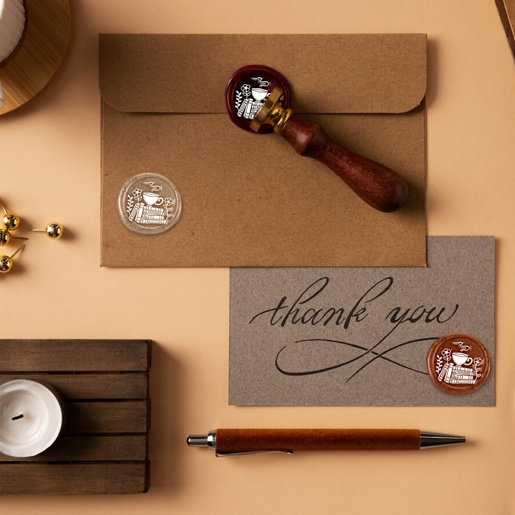 DELORIGIN Book Teacup Flowers Wax Sealing Stamp, 1" Brass Wax Seal Stamp Head With Wooden Handle Vintage Flower Wax Stamp For Invitation Cards Gift Wrapping Envelopes Wine Package Decoration
