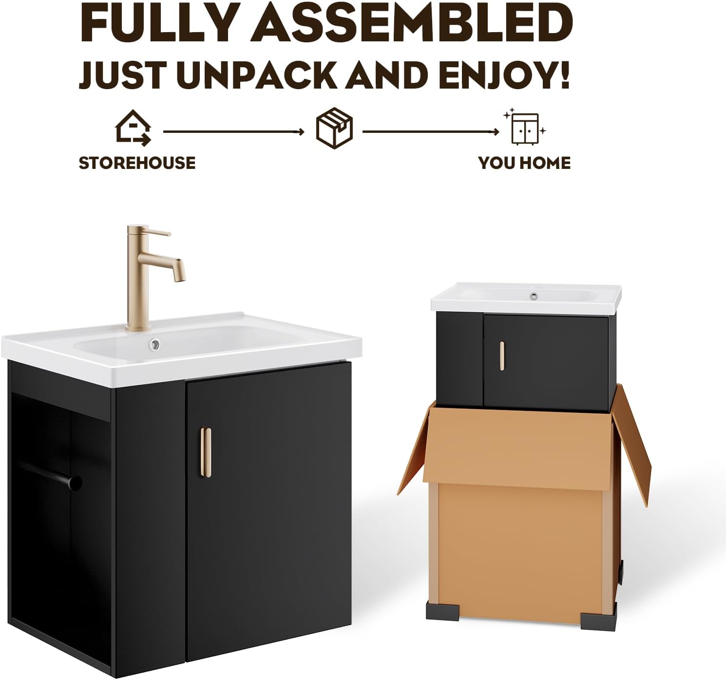 phiestina Pre-Assembled 20 Inch Floating Bathroom Vanity for Small Space, Wall-Mounted Black Cabinet with Ceramic Sink, Soft-Close Door, Left Side Storage, No Faucet,BV04-20-PUREBLACK-PLUS