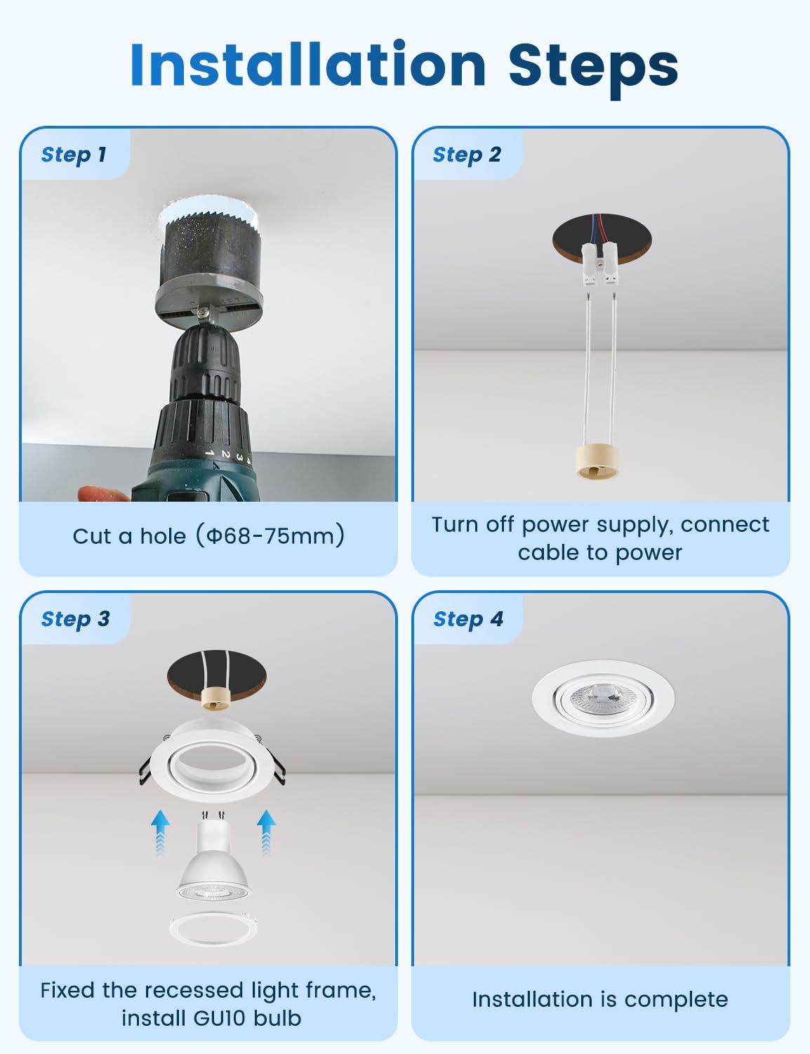 Spot Encastrable GU10 Set, Lot de 10 Cadre Spot LED Encastrable 68mm Blanc, avec Douille GU10, Rond Cadre de Montage Spots de Plafond, Orientable 30° AC 230V, pour LED Lampes Ou Halogènes