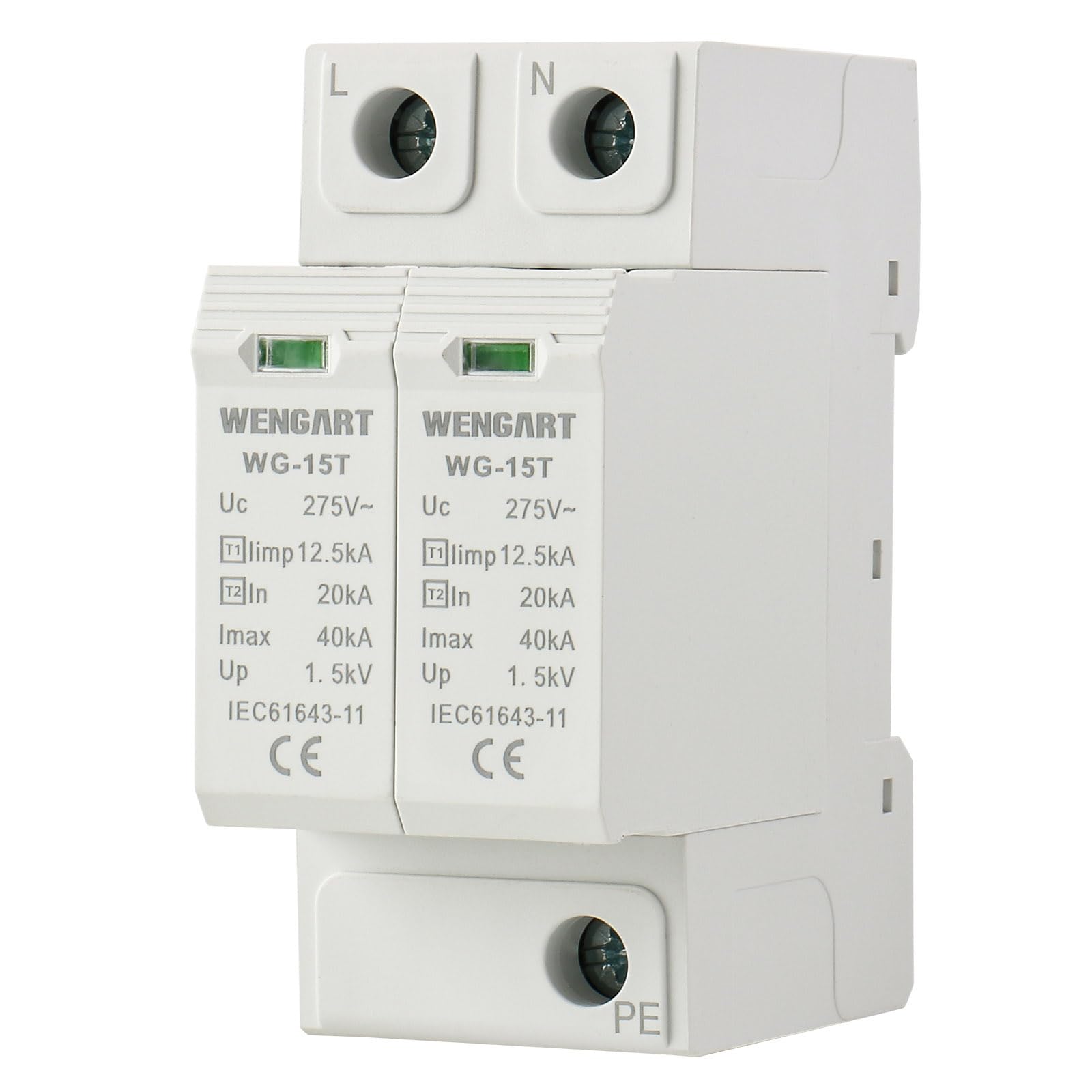 Wengart Dispositivo de protección contra sobretensiones WG-15T, protección de nivel T1+T2, limp12.5kA 20-40kA AC275V, protector de sobretensiones para el hogar, montaje en riel DIN (2P)