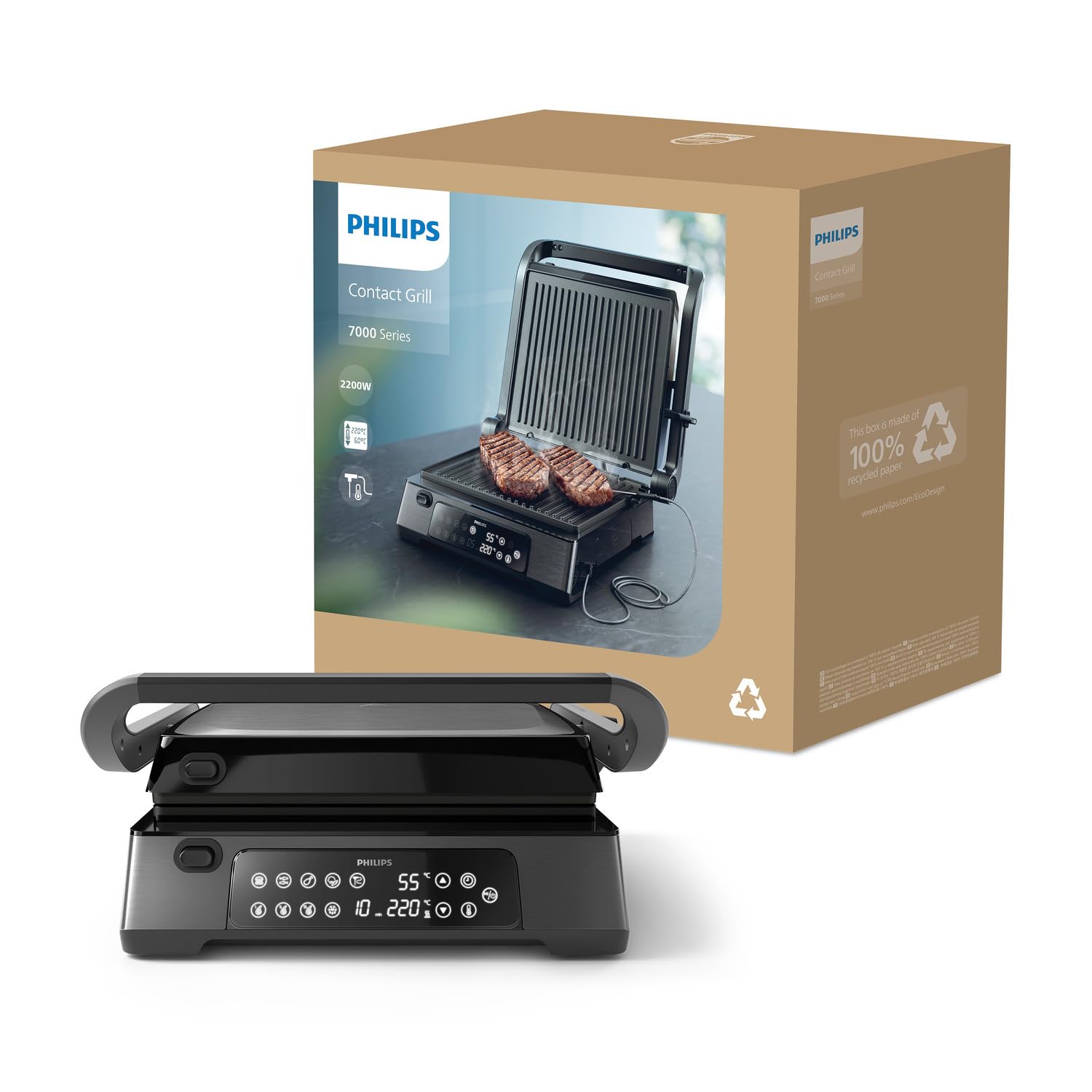 Philips 7000 Series - Griglia di contatto - Controllo digitale della temperatura, 8 preimpostati, piastre antiaderenti rimovibili, sonda integrata, piatta aperta, alta potenza, facile da pulire