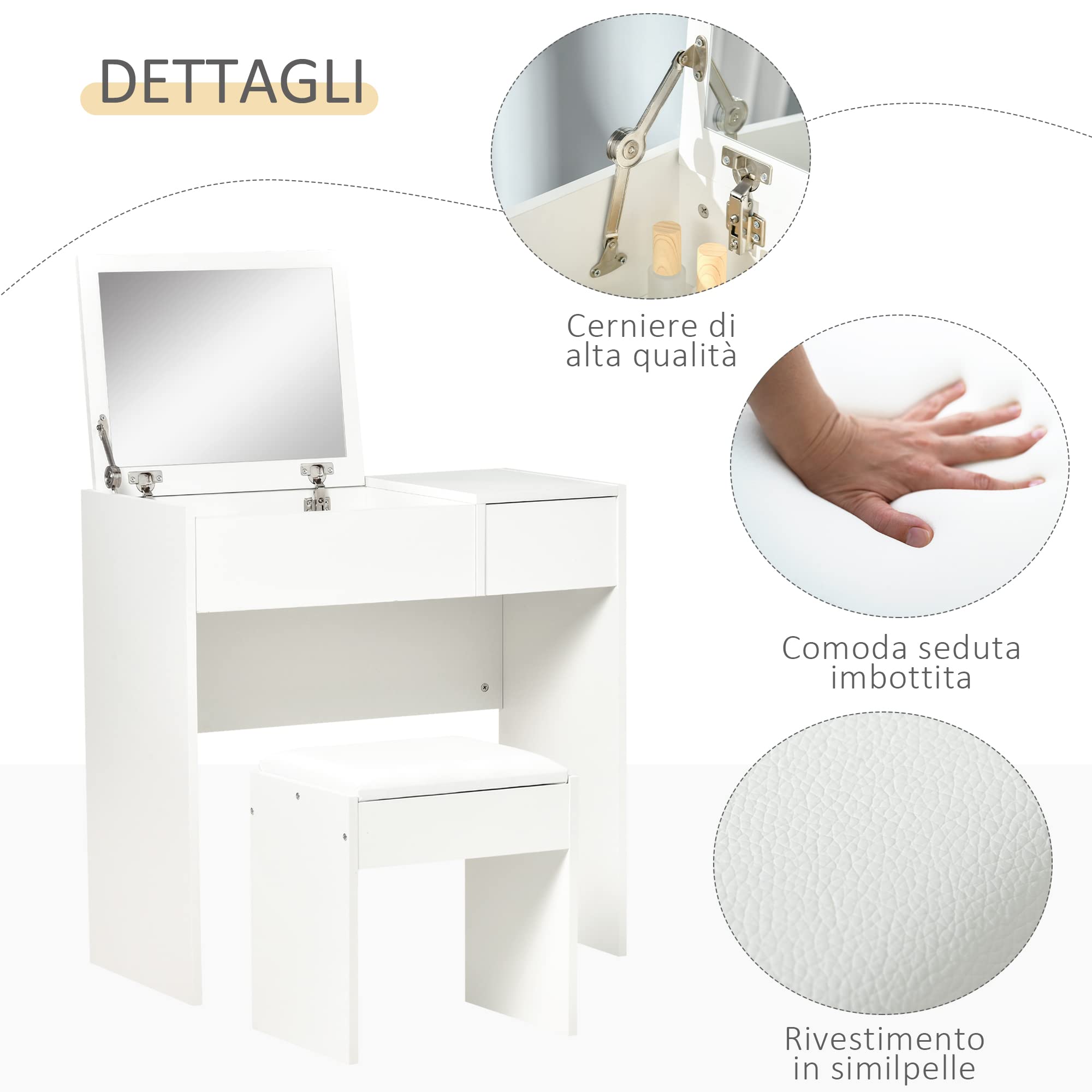 HOMCOM Tavolo da Trucco con Specchio Richiudibile, Tavolo da Trucco Moderno, con Sgabello, Vano Contenitore (4 Scomparti), MDF Bianco, 80x40x79 cm