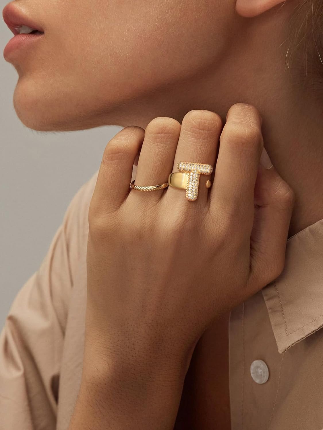 FindChic Initial Ring for Women, Gold Plated Chunky Letter Rings Open Adjustable Trendy Sparkling Cubic Zirconia Personalized Statement Rings Jewelry Gift - Image 2