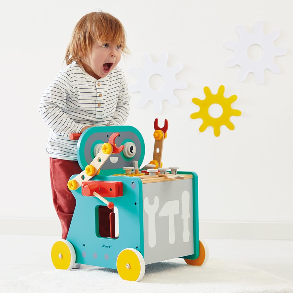 Janod - Wózek robot Brico'Kids - Dziecięca gra DIY - 38 akcesoriów + 3 narzędzia - Gra imitacyjna - Rozwija umiejętności motoryczne - Od 18 miesięcy, J06456