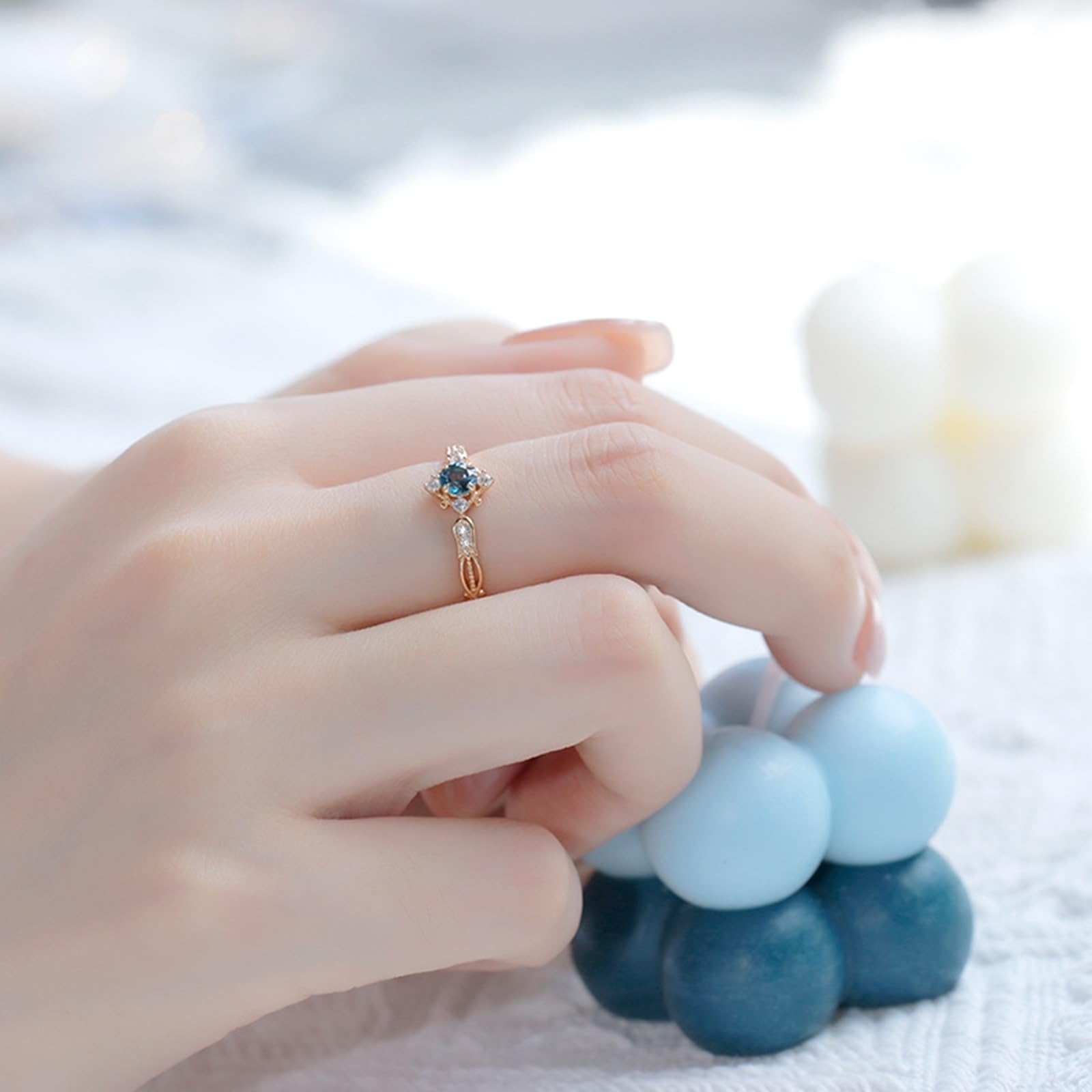 Anillo de boda de oro amarillo de 9 K/14 K/18 K con topacio azul, anillos retro para parejas