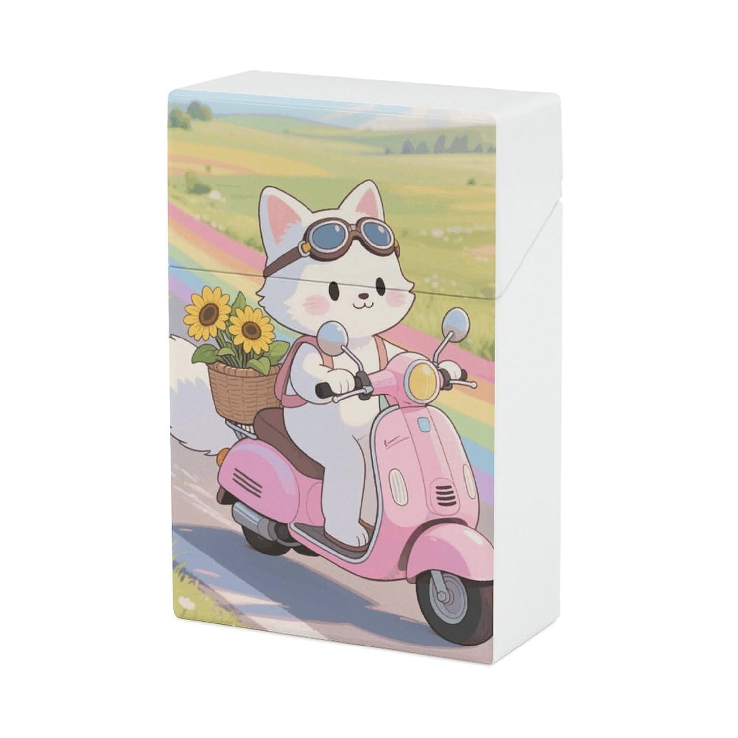 Cat Riding Motorcycles Cigarette Case Portable Cigarette Holder Box with One-Press Dispenser Compact Cigarettes Box Vintage Cigarettes Storage for Men & Women