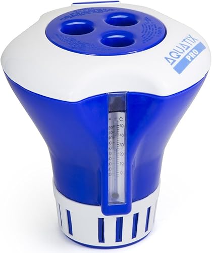 Aquatix Pro. Despachador químico de cloro para alberca. Grande, con termómetro. Flotante para albercas interiores y exteriores. Con soporte de bromo