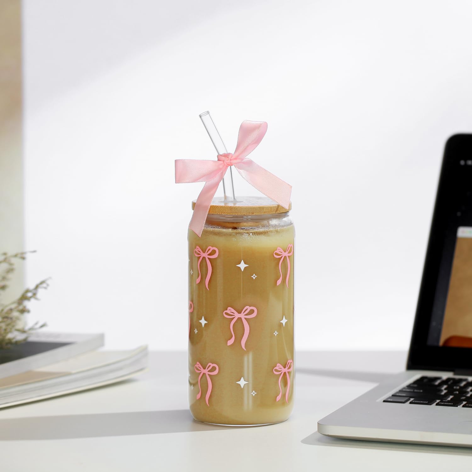 Coquette Bow Aesthetic Cup With Gift Box 16oz Glass Cup with Lids Straws and Black Bow Iced Coffee Smoothie Cute Tumbler with Cleaning Brush for Girls Bestfriend Sister Girlfriend, Preppy Stuff