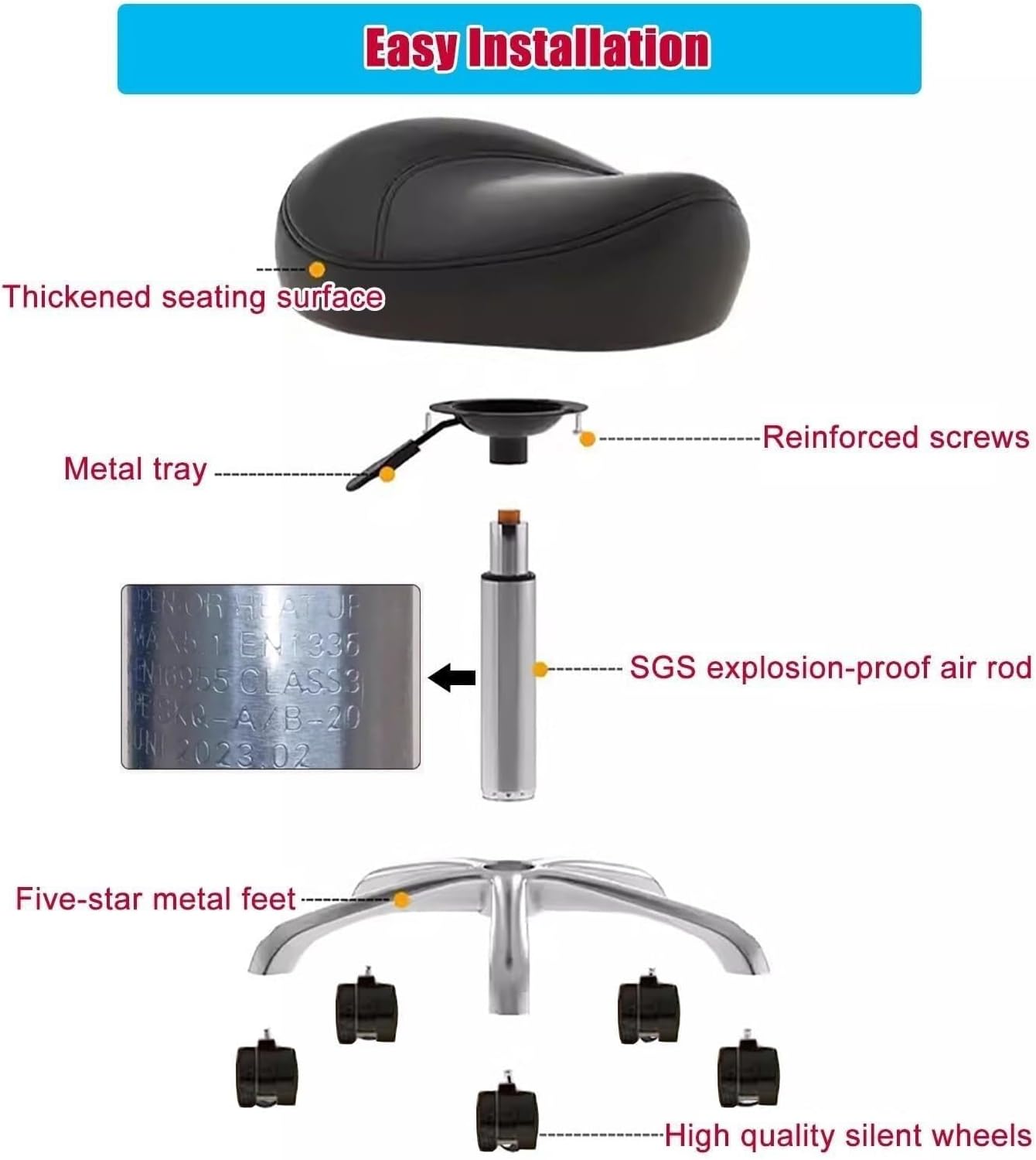 Saddle Chair with Adjustable Height 36-50cm, Ergonomic Rolling Stool 360° Swivel PU Wheels, Metal Base, Comfortable Office & Salon Seat for Dental, Tattoo Beauty Artists(Brown)