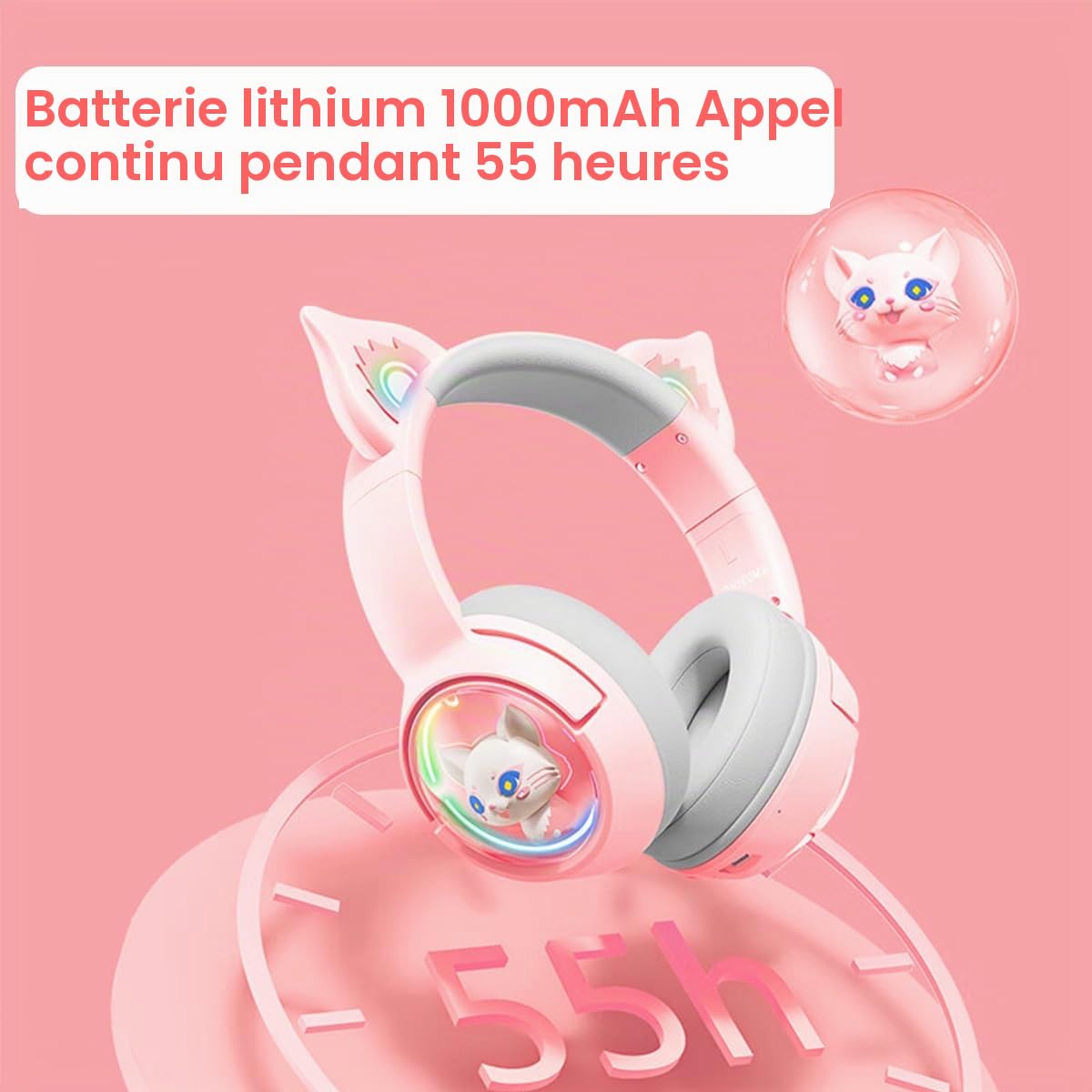 Casque Bluetooth sans Fil Gaming avec Oreille de Chat Rose | Ecouteur Gaming headset De Jeu USB Câblé, avec Microphone Lumière LED, Son Surround 7.1, Stéréo HD, Pour PC TV Téléphone