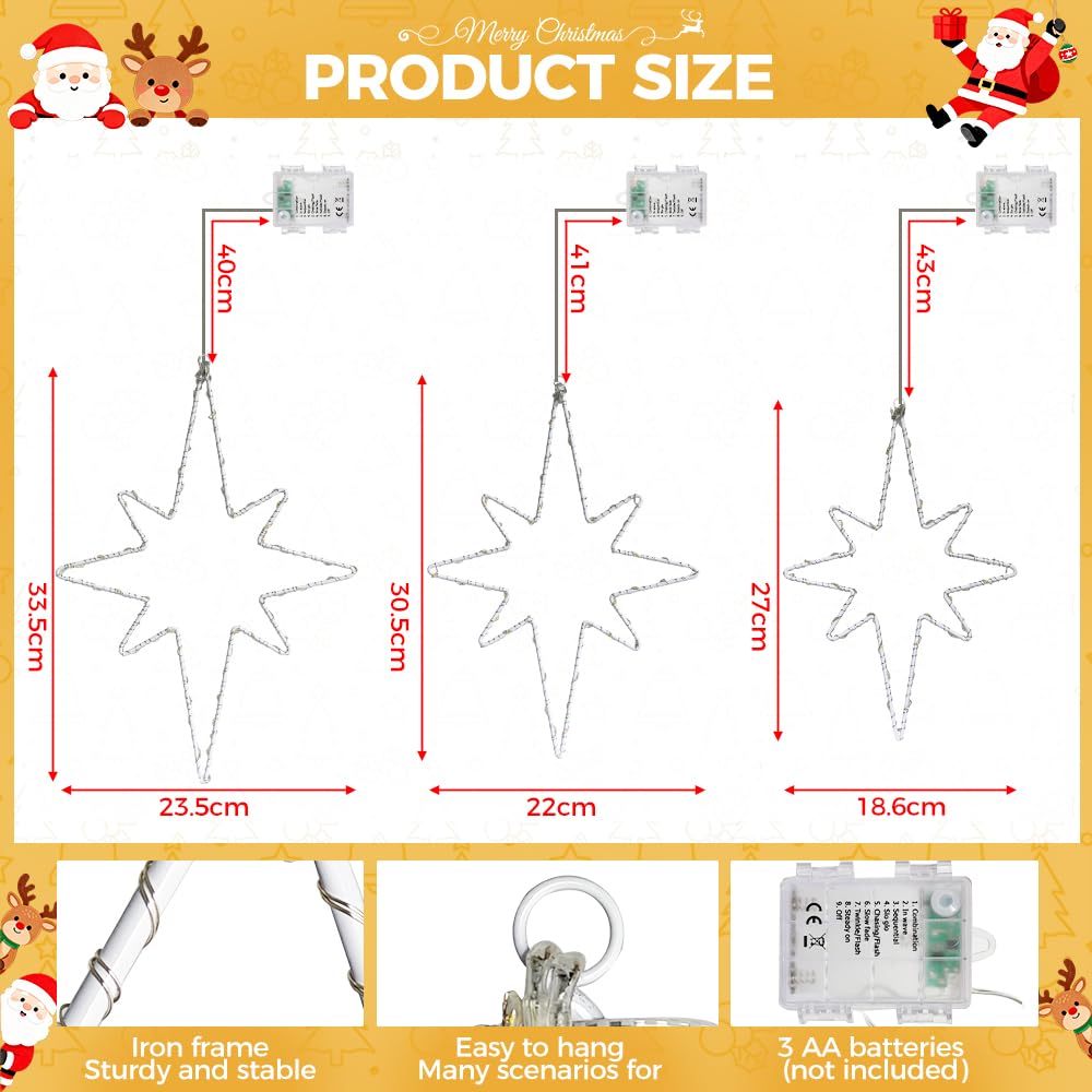 Bseical Lot de 3 éclairages de Noël pour fenêtre - Décoration de Noël LED en forme d'étoile - Lumière décorative de Noël pour fenêtre, porte, guirlande lumineuse - Décoration de fenêtre pour fête