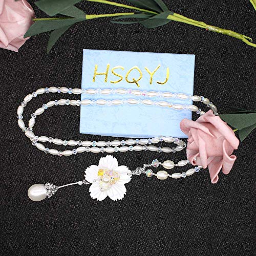 Elegant Shell Flower Pendant Long Necklaces Bohemian Handmade Shell Pearl Crystal Beaded Statement Necklace For Women Girls Gifts (White Shell Flowers Long Necklace) #TOP6