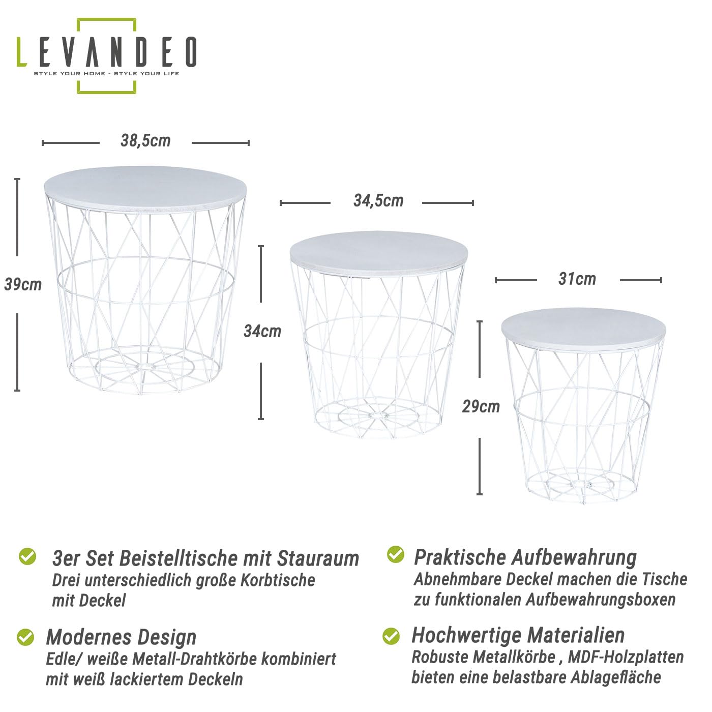 levandeo 3er Set Beistelltisch Metall Metallkorb Drahtkorb Weiß Couchtisch Deckel Aufbewahrung Design Deko Tisch