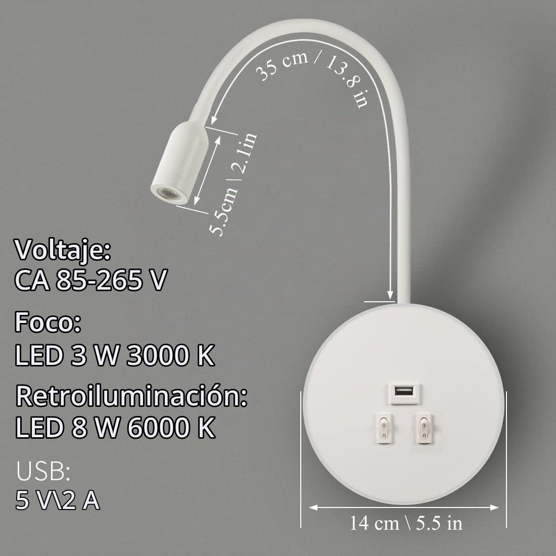 aplique de pared LED, lámpara de cuello de cisne flexible, luz de lectura junto a la cama con interruptor, puerto de carga USB, luz ambiental del dormitorio (3W 3000K+8W 6000K) Blanca