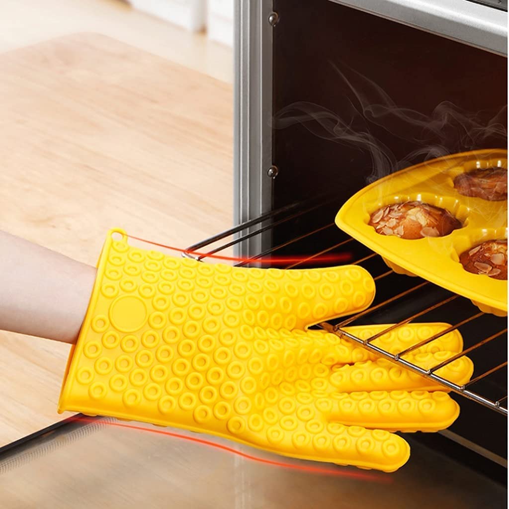 Manoplas Horno, Guantes Gruesos De Silicona Cinco Dedos para Altas Temperaturas Y Anti-escaldaduras Aislamiento Cocina para Horno para Hornear Amarillo, 2 Piezas Cocinar Barbacoa