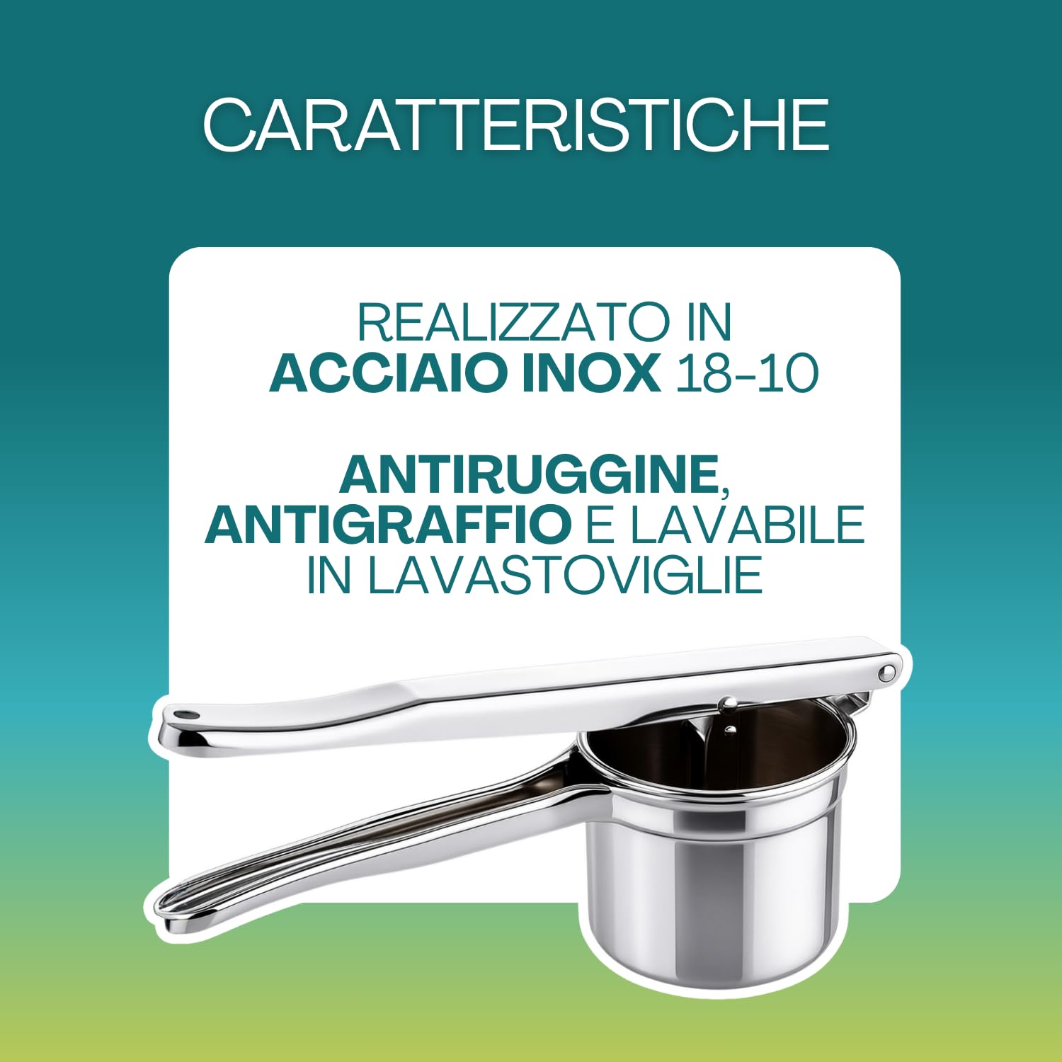 Virsus Schiacciapatate in acciaio inox 18/10, bicchiere con fori diametro 2,5 mm, passapatate manuale antiruggine lavabile in lavastoviglie per purè di patate, castagne, verdure, Made in Italy