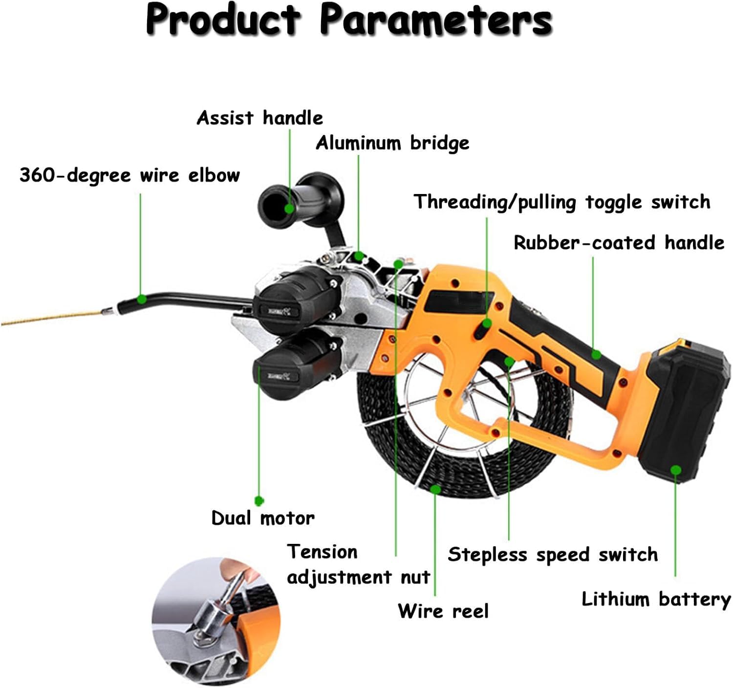 Máquina de Pasar Cables sin Cable con Motor brushless, turbina de Cobre Puro y 180kg de Fuerza de tracción. Herramienta automática para electricistas, construcción y múltiples configuraciones.