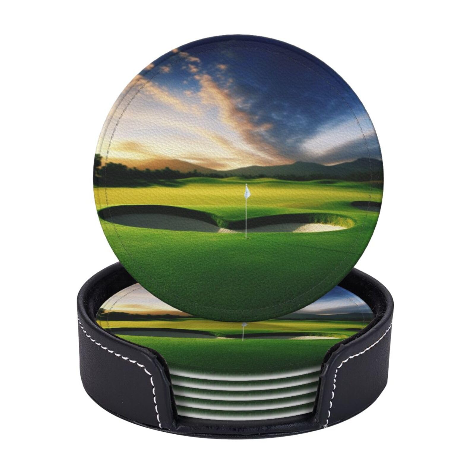 Round Coasters for Drinks Set of 6 - PU Leather Coasters with Holder - Modern Drink Coasters for Coffee Table - Golf Course Coaster for Tabletop Protection 4" Cup Mat Pad
