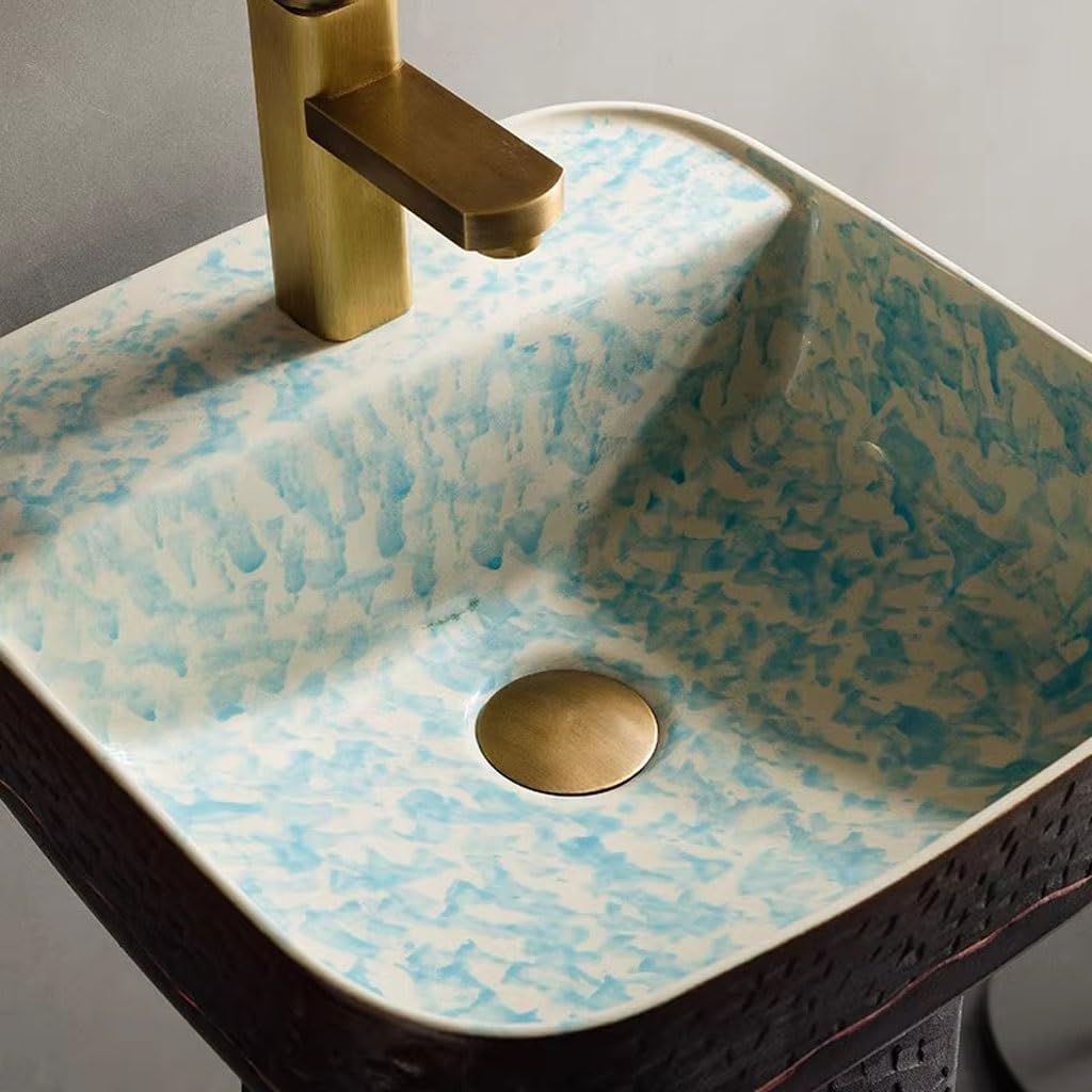 Bathroom Countertop Vessel Sink Outdoor Courtyard Pedestal Basin Black Retro Floor-standing Ceramic Wash Pedestal Sink Vanity