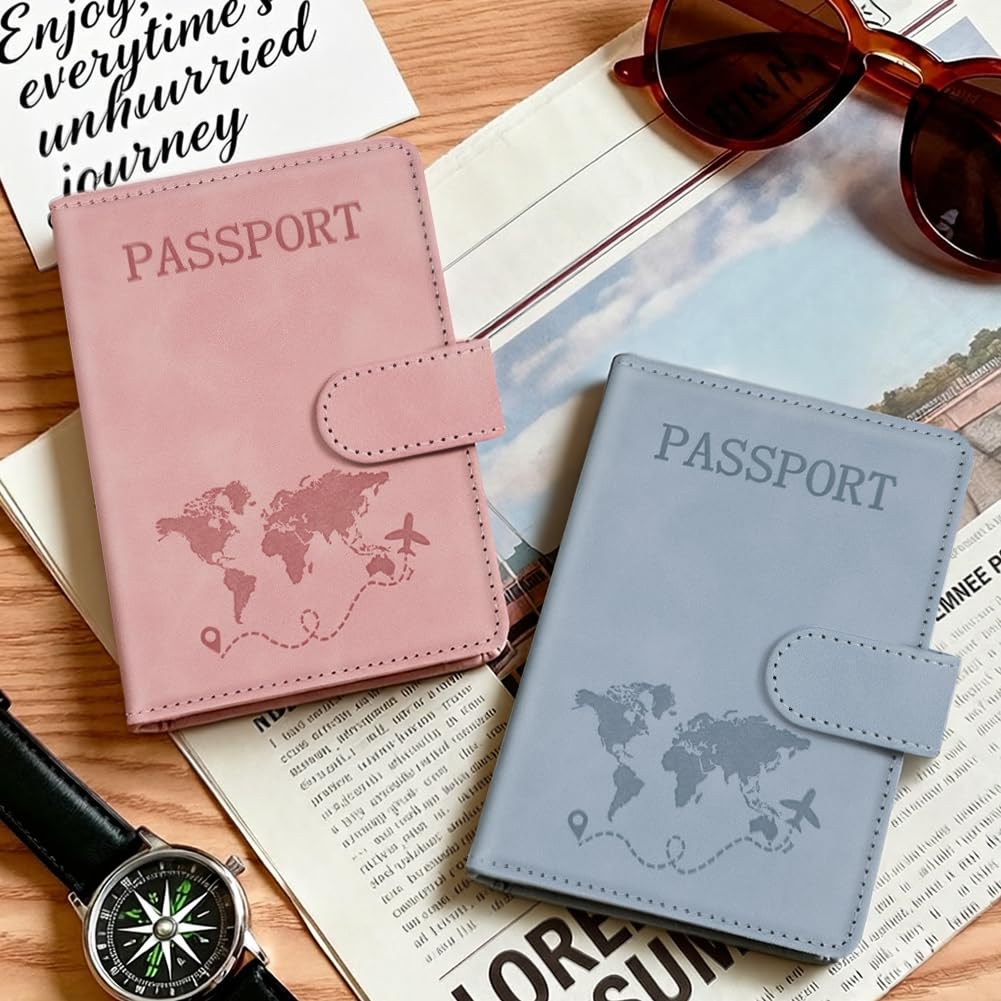 Protège Passeport,2 Pièces Couverture de Passeport avec Bloqueur RFID,Étui de Passeports en Cuir PU et Étiquette de Bagage pour Passeports, Cartes,Documents de Voyage(Rose)