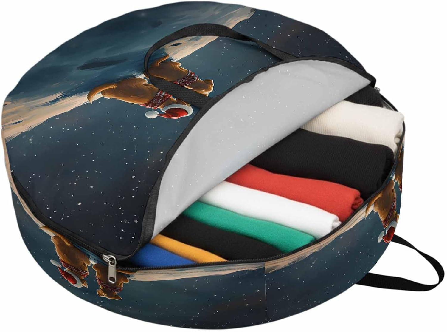 Golden Retriever Moon Round Storage Bag 36 Inch, Christmas Winter Night Snow Stars Clothes Storage Container with Handles Heavy Duty Organizer for Comforter, Bedding & Holiday Wreaths