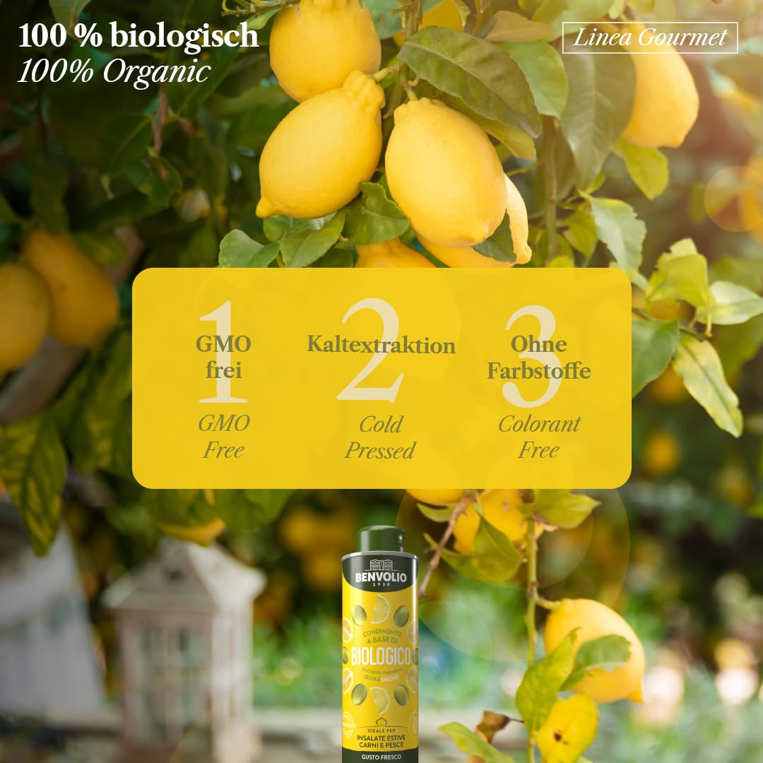 BENVOLIO Bio-Zitronenöl 250ml - Kaltgepresst aus Ausgewählten Oliven, Aromatisiert mit Echtem Zitrone: Ideal für Salate, Fleisch und Fisch - Reich an Vitamin E & C, 100% Natur, Verdauungsfördernd.