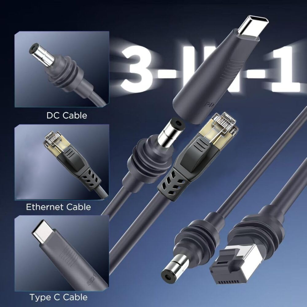Elfcam Kabel 3 w 1 o długości 5 m do Starlink Mini – zasilanie USB C + Starlink Mini Standard, złącze RJ45-CAT6 do rozszerzonej sieci, 5 metrów