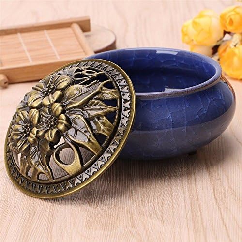 Easyinsmile Ceramic Incense Burner with Alloy Cover Cones Burner Porcelain Incense Holder Handicraft Ice-Patterned Censer for Home Decoration (Blue)