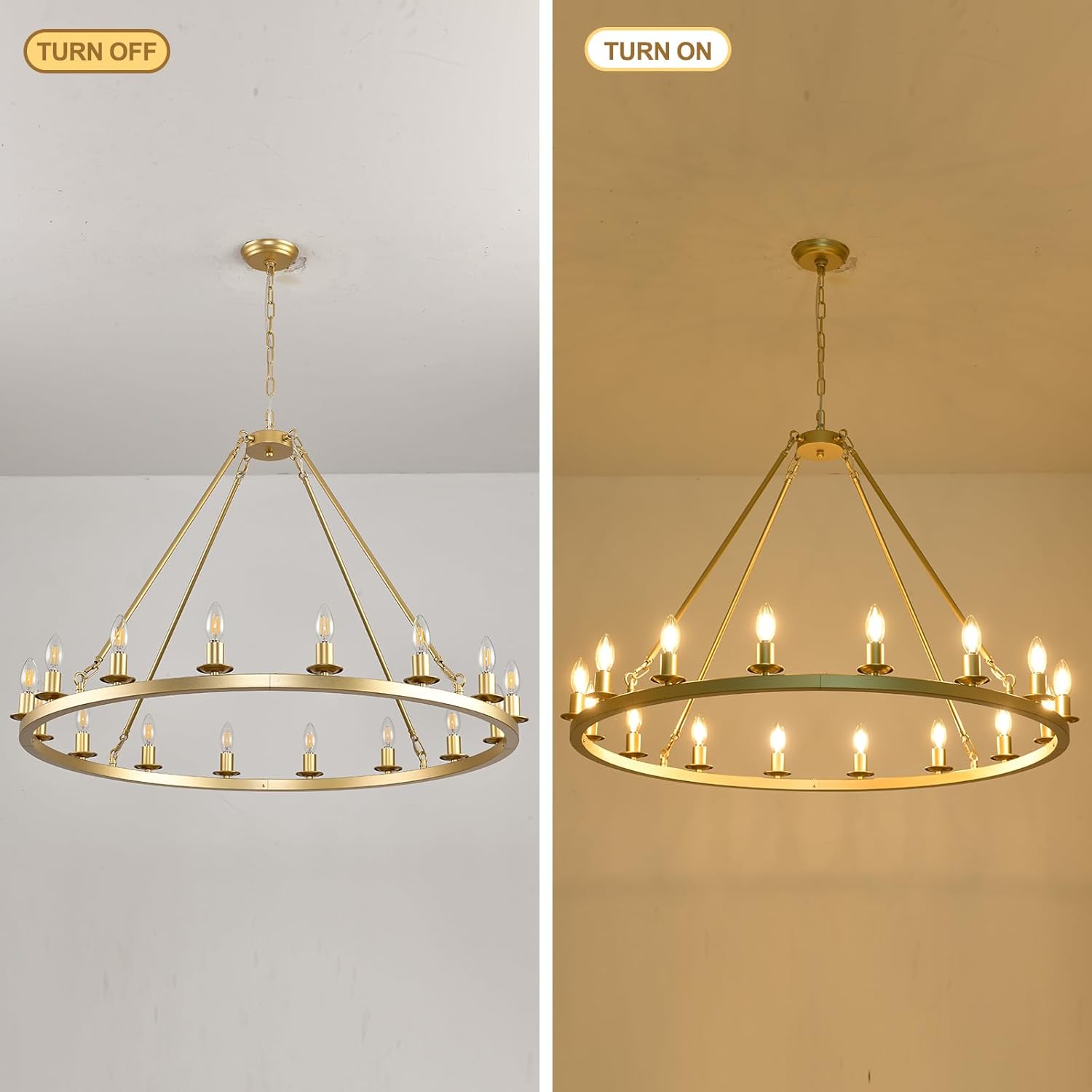 Large Gold Wagon Wheel Chandelier 40-Inch 16-Light,Extra Large Round Rustic Farmhouse Chandelier Metal Circle Chandeliers for Dining Room Living Room High Ceilings