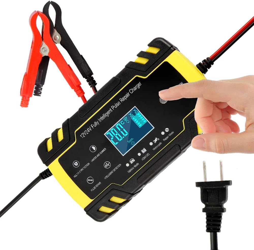12V/24V Smart Car Battery Charger, Pulse Repair Charger Battery Maintainer with LCD Display, Intelligent Mode Overvoltage Protection Temperature Monitoring for Car, Truck, Motorcycle, Boat, SUV, ATV
