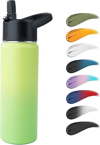 Kerilyn Botella de agua de acero inoxidable con popote y tapa de boca ancha, mango giratorio ancho, botella de agua aislada al vacío de doble pared