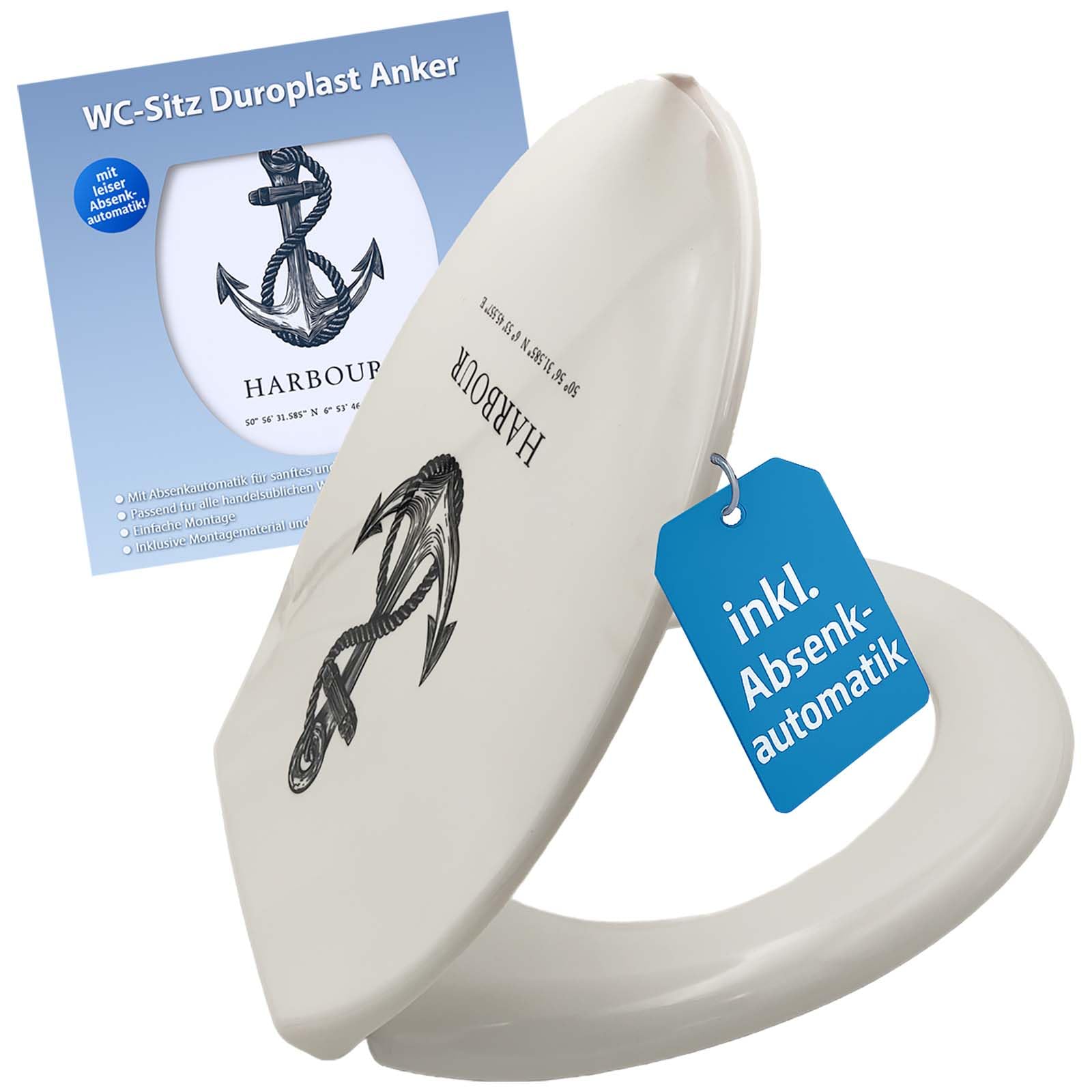 Buri White With Anchor Motif Toilet Seat With Soft-Close Mechanism, Toilet Lid With Anchor Motif, Soft Close, O-Shape, Toilet Seat With Attachment, Durable Plastic, Universal Toilet Lid, Duroplast Anchor Design