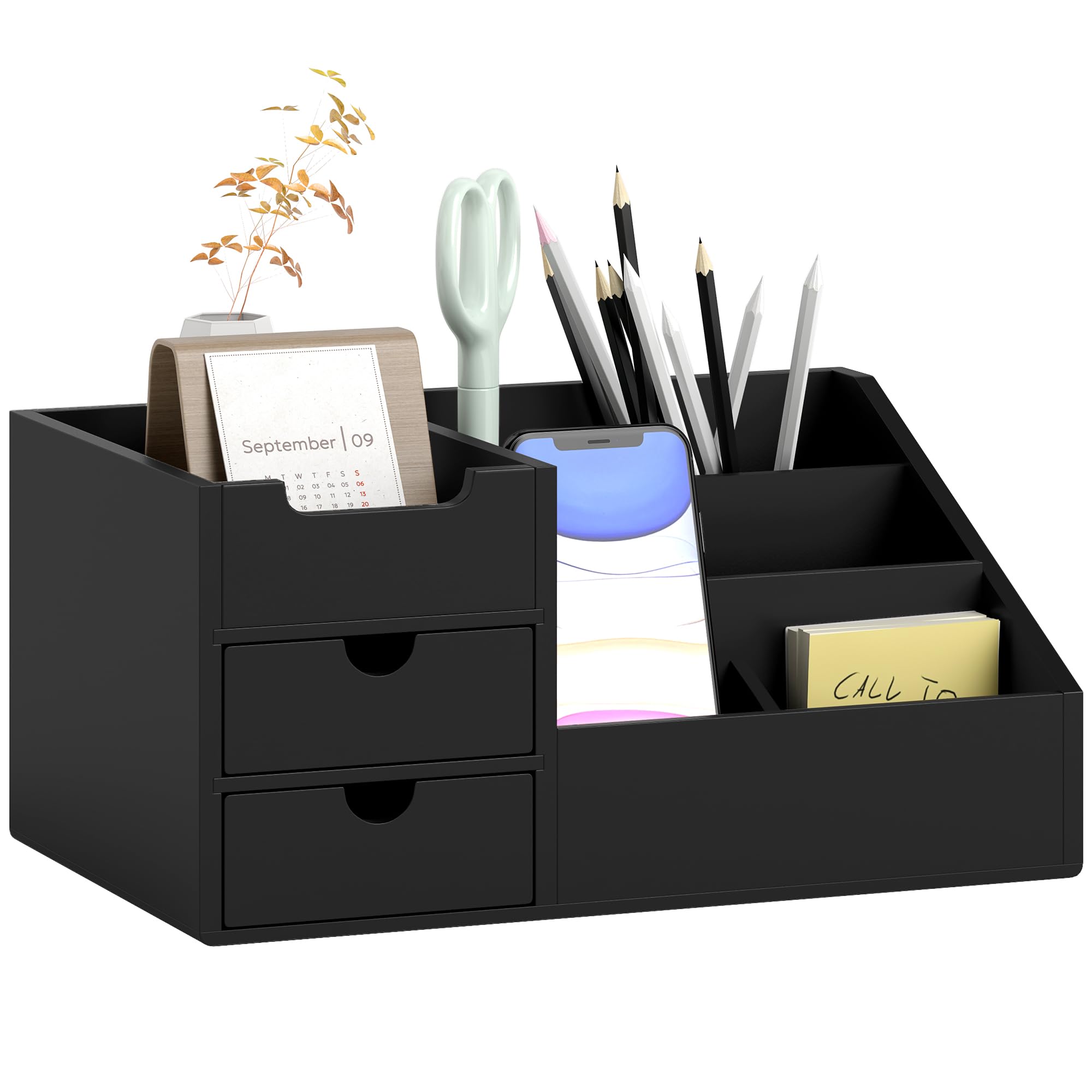 Homcom Black Desk Organiser Holder, Bamboo Multi-Function Storage Caddy With 7 Storage Compartments And 2 Drawers For Home Office Stationary Supplies,