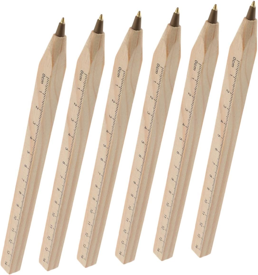 SECFOU 6 Pack Natural Wood Ballpoint Pens Ruler Black Square Shape Carpenter Writing Pens for Engineering Drawing