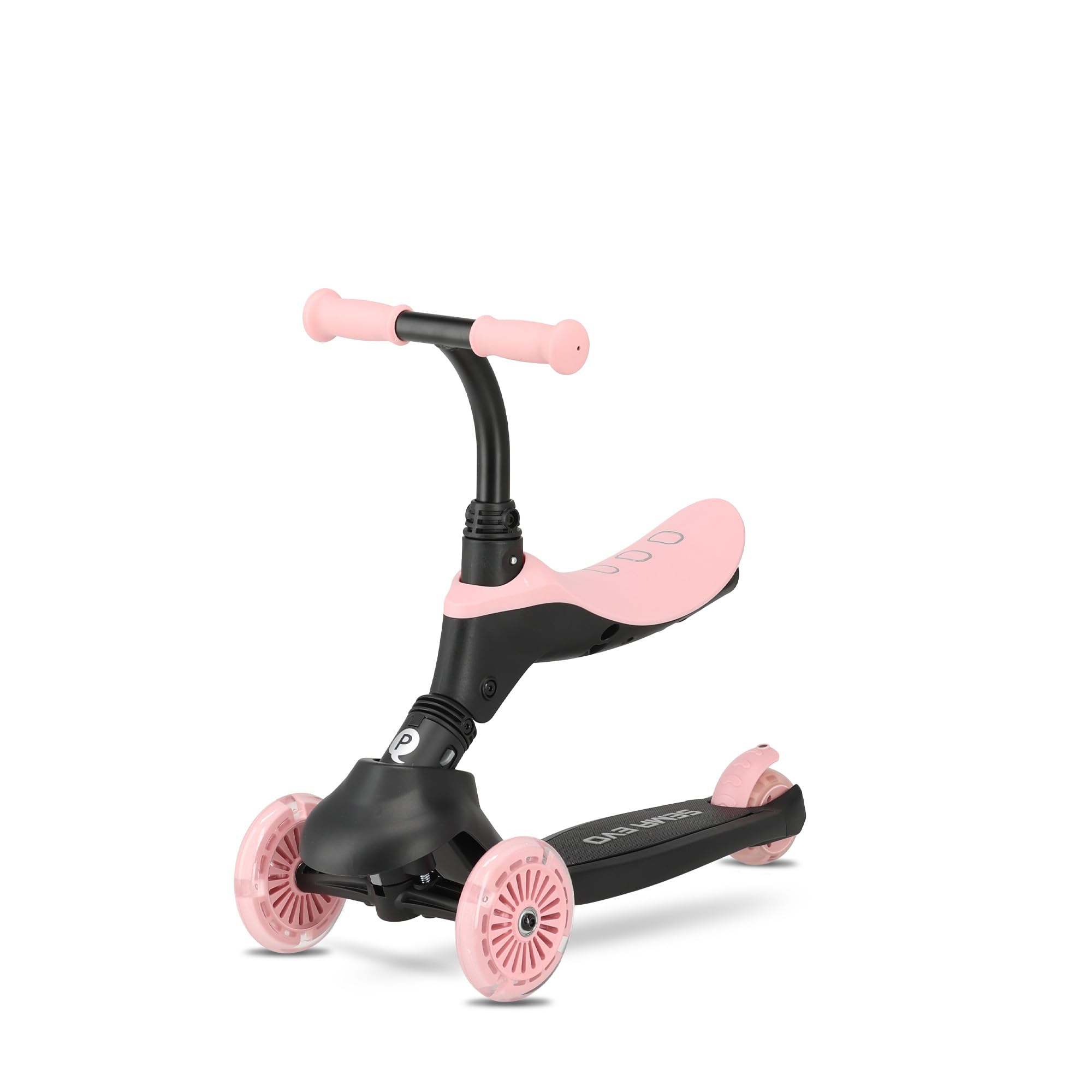 QPLAY Sema EVO Trottinette 6 en 1 avec siège, poignée de poussée, lumières LED sur roues et plateforme avec dynamo, de 1 à 6 ans, charge maximale de 50 kg, pliable